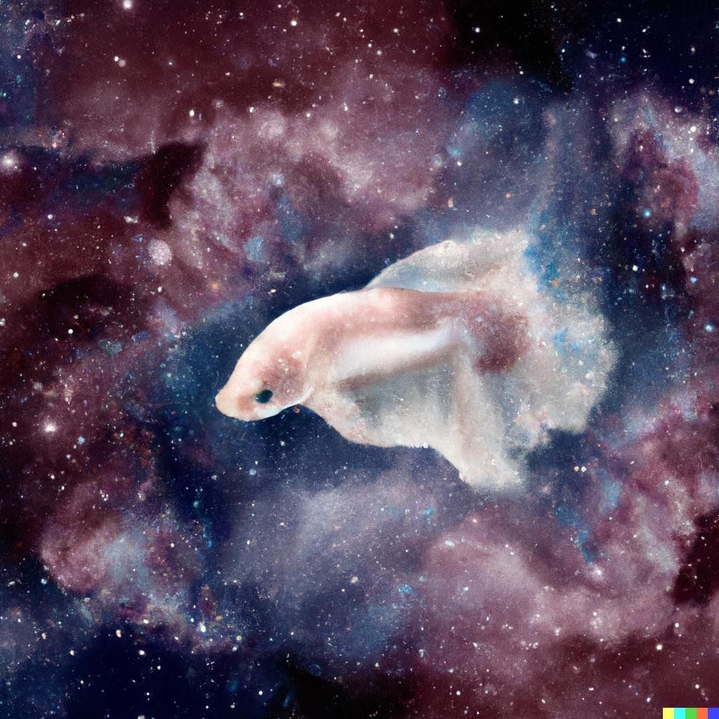 A beautiful white and pink betta fish swims through a space nebula. The image is AI generated.