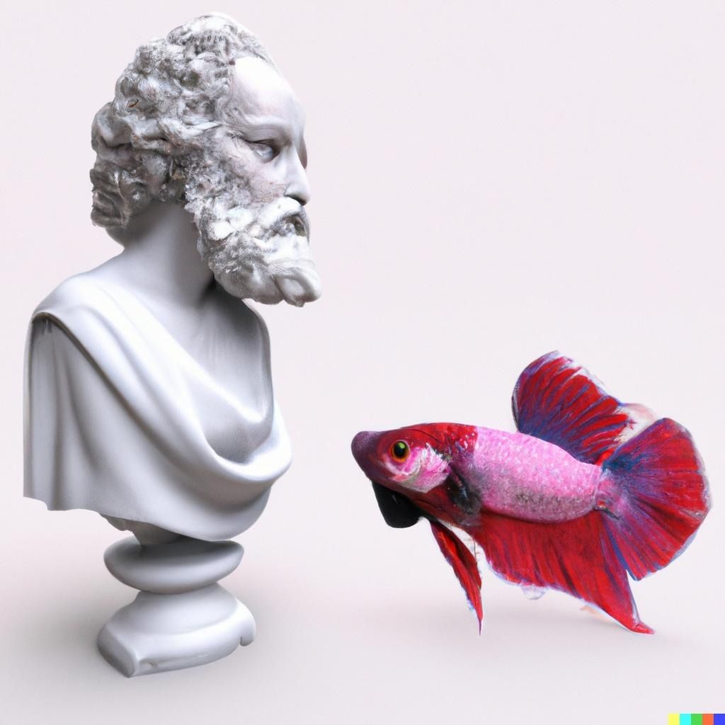 An AI generated image of a red betta fish conversing with a bust of Socrates.