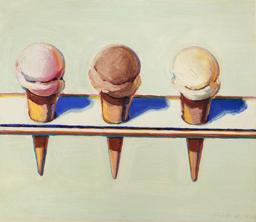 A painting depicting three flavors of ice cream side-by-side, rendered in Wayne Thiebaud's playful and dramatic style.