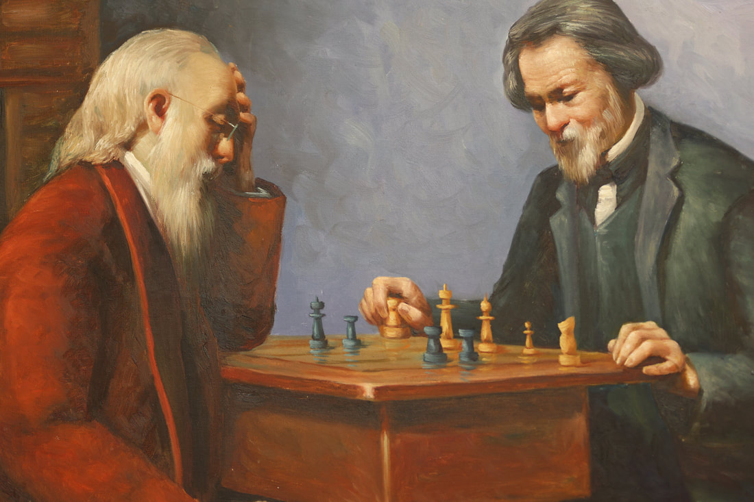 Two men play chess. The man playing White grasps a rook in his right hand.